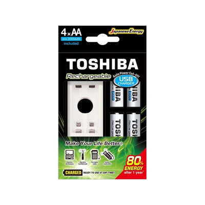 Carregador De Pilhas USB Toshiba C/ 4 Pilhas AA 2000Mah - TNHC-6GME4