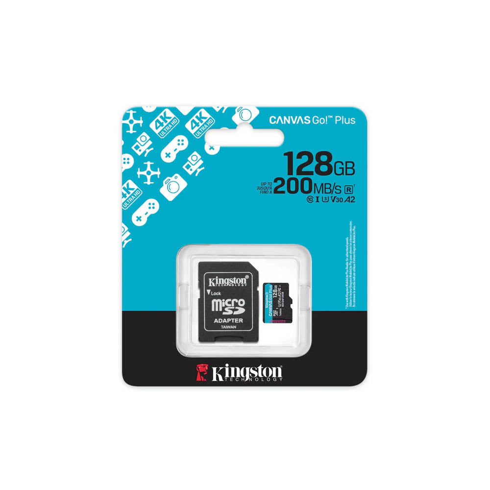 Cartão De Memória 128gb  Micro Sd Card Kingston Canvas GO Plus Classe 10 C/ Adaptador 200 mb/s - SDCG4/128GB