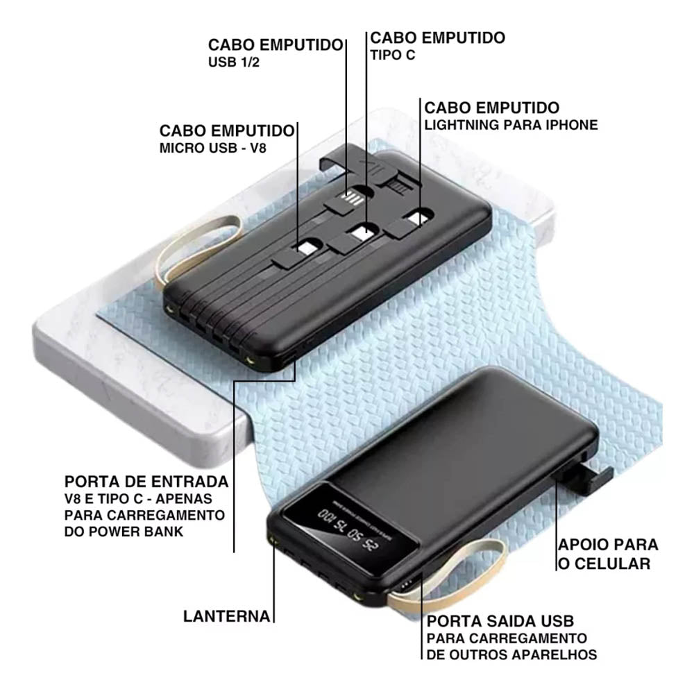 Carregador Portátil Power Bank AGold 10000Mah 3.1A Usb Tipo C e Lighting Preto C/ Display - BTE-18A