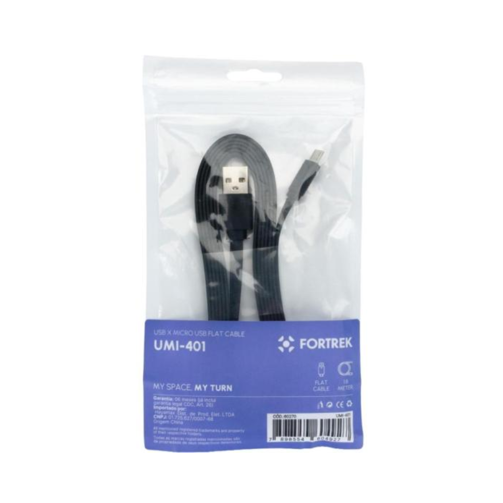 Cabo de Dados Fortrek P/ Micro Usb Flat 1.8mts FK 433C Preto - 60270