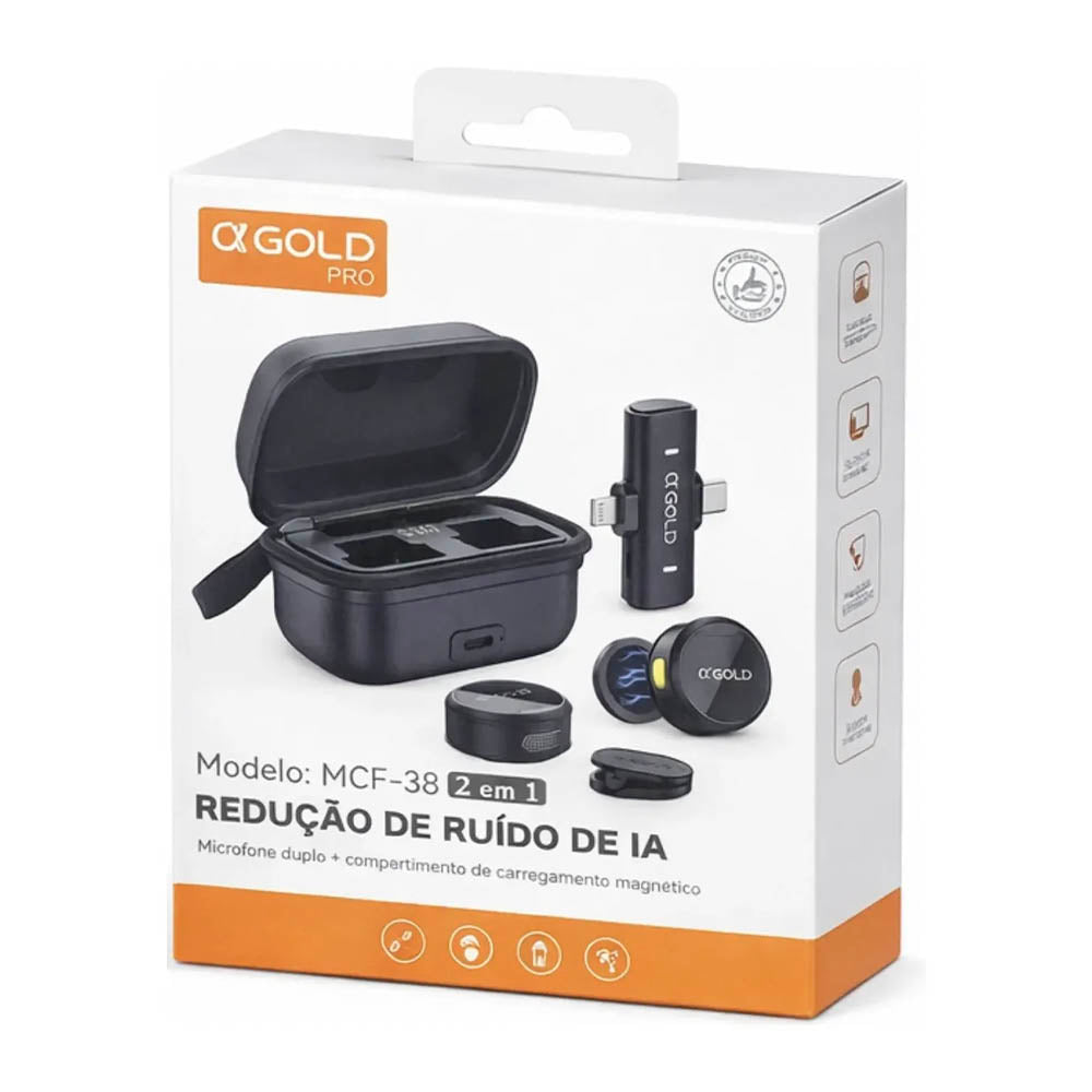Kit C/ 2 Microfones Sem Fio Magnético Lapela Tipo-C e Lightning aGold C/ Base e Redução de Ruído - MCF-38