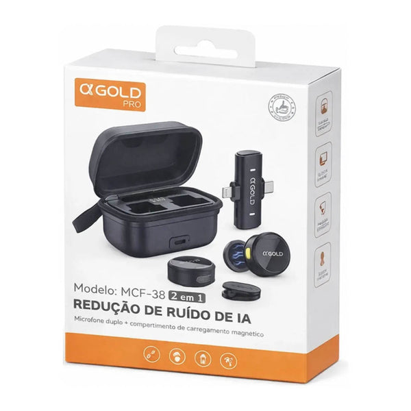 Kit C/ 2 Microfones Sem Fio Magnético Lapela Tipo-C e Lightning aGold C/ Base e Redução de Ruído - MCF-38