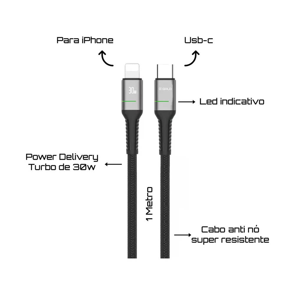 Cabo de Dados Tipo C P/ Lightning 1m aGold Turbo PD 30W - CB18