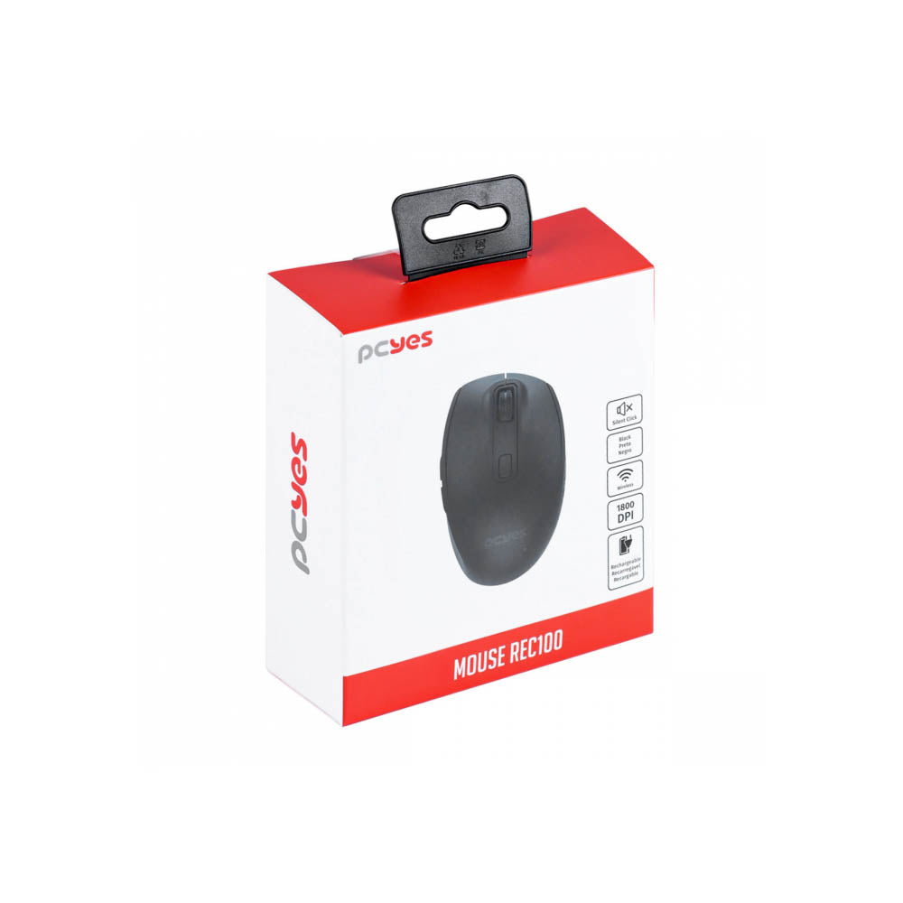 Mouse Sem Fio Recarregável PCYes REC100 Silent Click 1800Dpi Preto - PMRWMDSCB