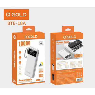 Carregador Portátil Power Bank AGold 10000Mah 3.1A Usb Tipo C e Lighting Preto C/ Display - BTE-18A