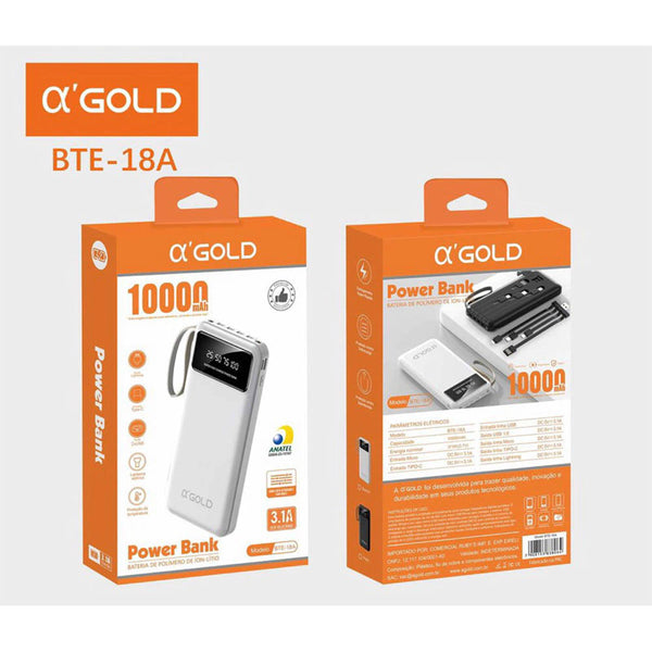 Carregador Portátil Power Bank AGold 10000Mah 3.1A Usb Tipo C e Lighting Preto C/ Display - BTE-18A
