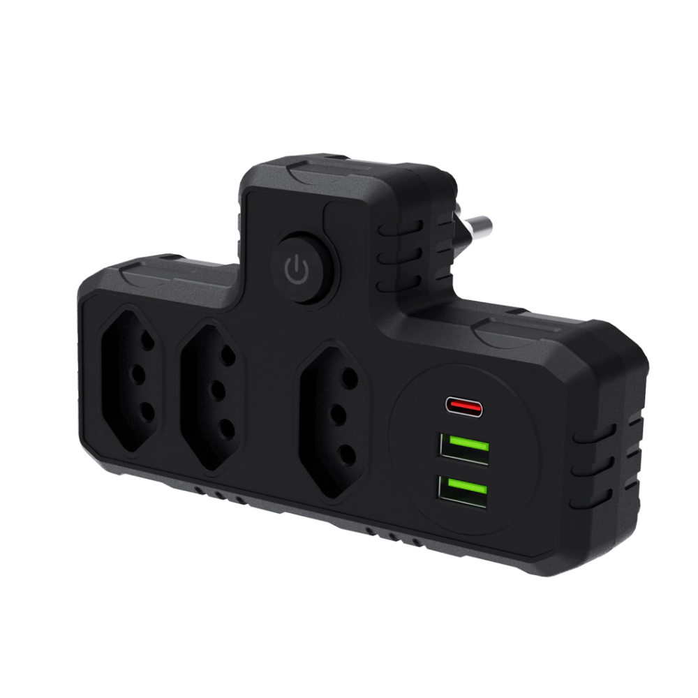 Extensor C/ 3 Tomadas de Energia + 2 Usb 2.1A + 1 Usb-C PD 10A Coibeu C/ Interruptor