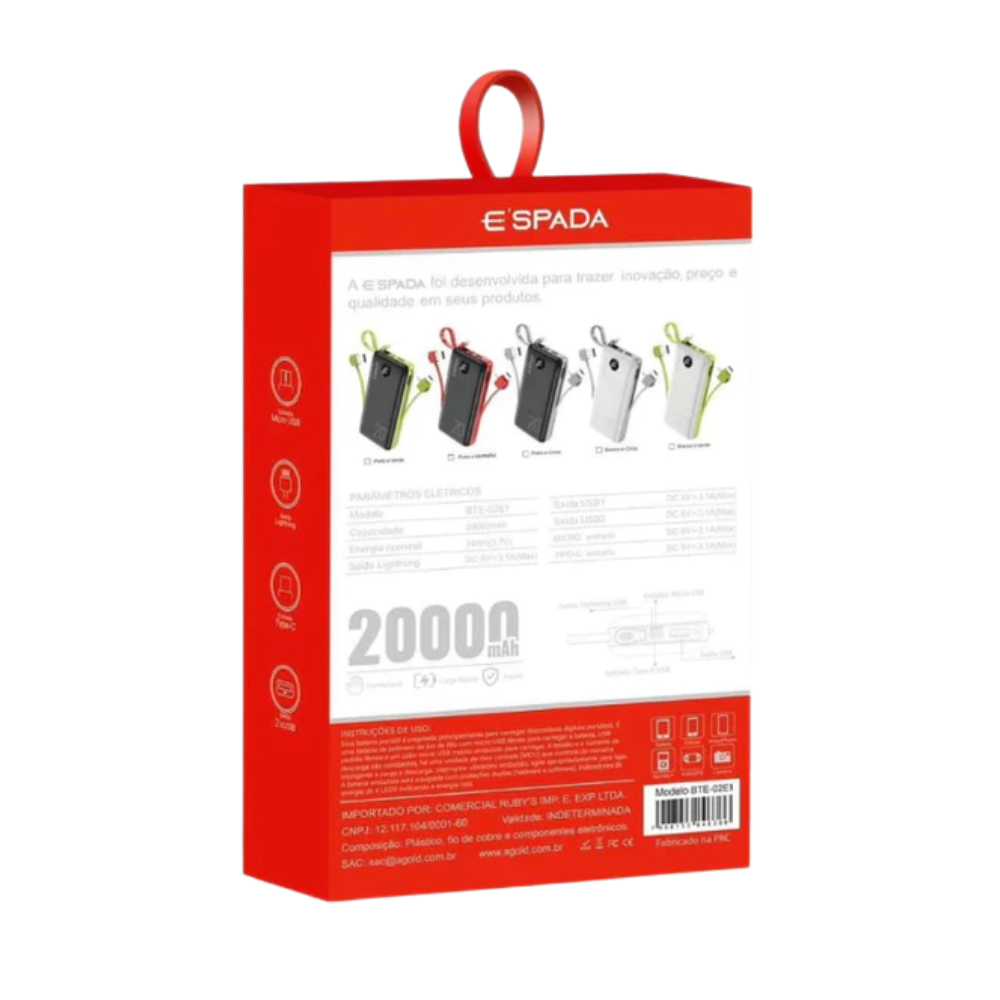 Carregador Portátil Power Bank Espada 20000Mah Multiconexões Preto C/ Display - BTE-02E1