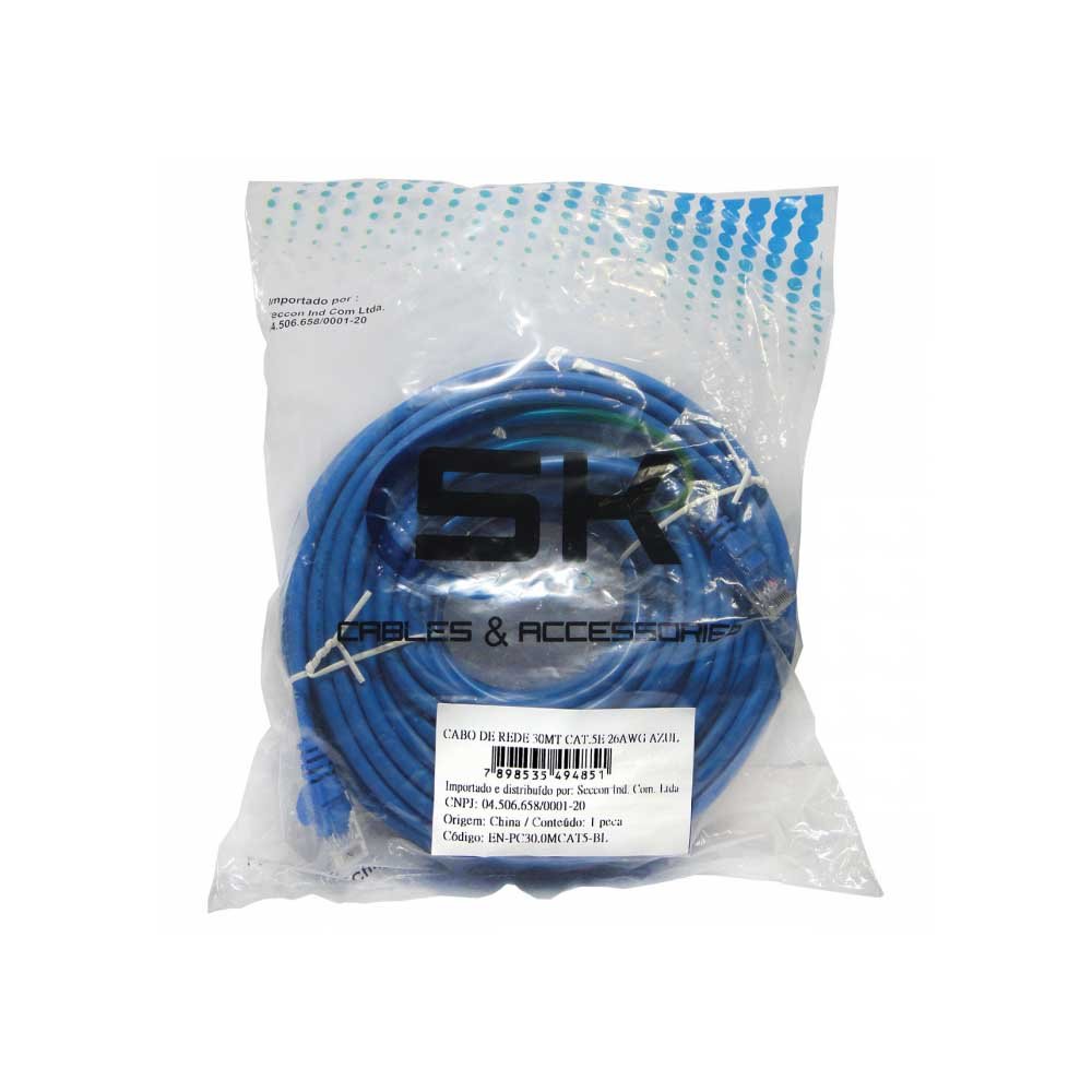 Patch Cord Cabo De Rede CFTV Seccon 30m Azul - 27681 - Truedata