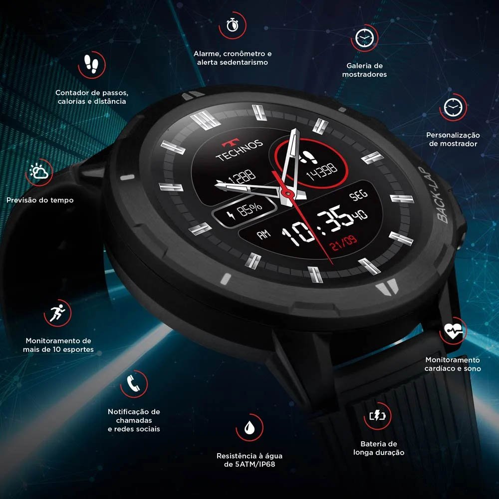 Relógio de Pulso SmartWatch Technos Masculino Connect Sports Preto - TSPORTSAA/8P - Truedata
