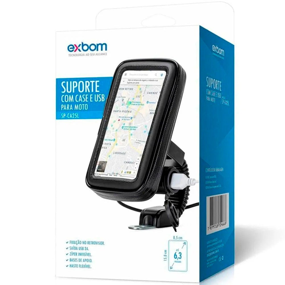 Suporte Capa para Smartphone p/ Moto a Prova D'Agua C/ Saída USB Exbom - SP - CA25L - Truedata