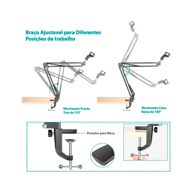 Suporte de Mesa Articulado para Microfone e Smartphone Tomate - MTG - 126 - Truedata