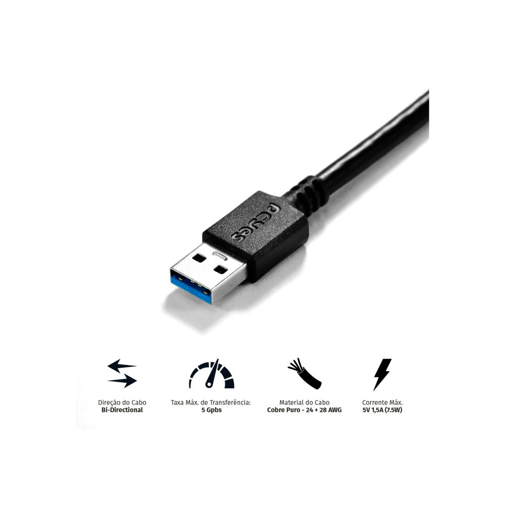 Cabo Usb Tipo A 3.0 Macho X Micro Usb B Macho 3.0 1m P/ Hd Externo PCYes - PUAMCM3-1