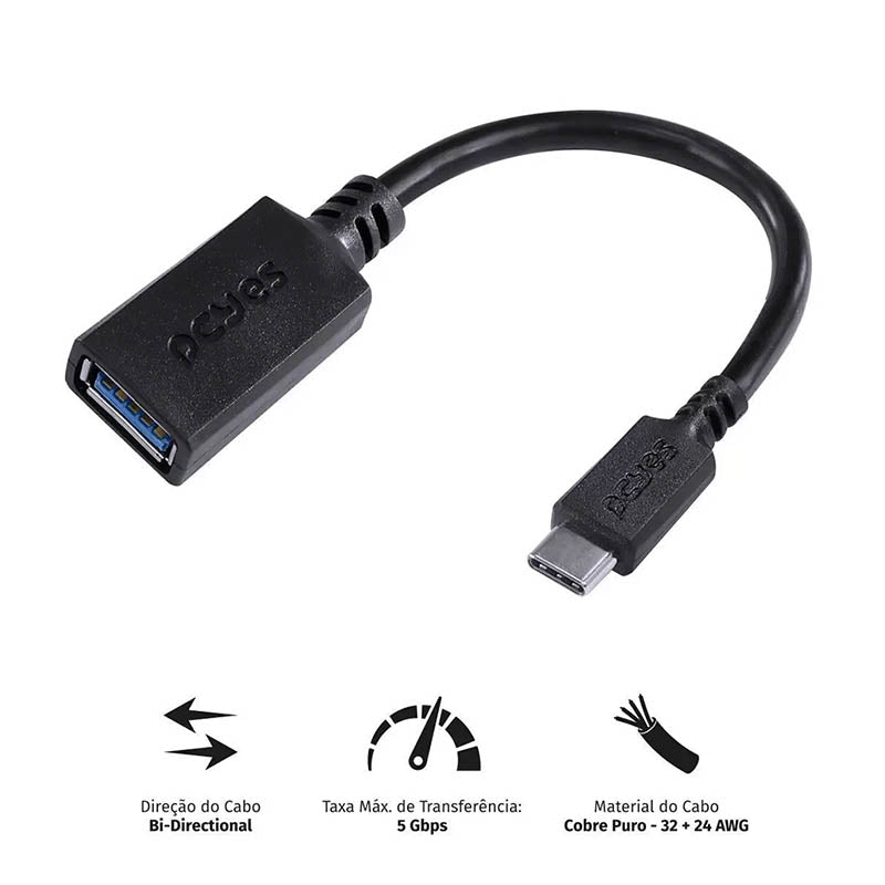 Cabo Adaptador Otg Usb Femea Para Usb Tipo C 3.0 15cm PCYes Preto - P3AMUP-15