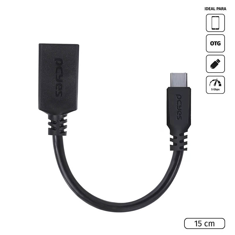 Cabo Adaptador Otg Usb Femea Para Usb Tipo C 3.0 15cm PCYes Preto - P3AMUP-15